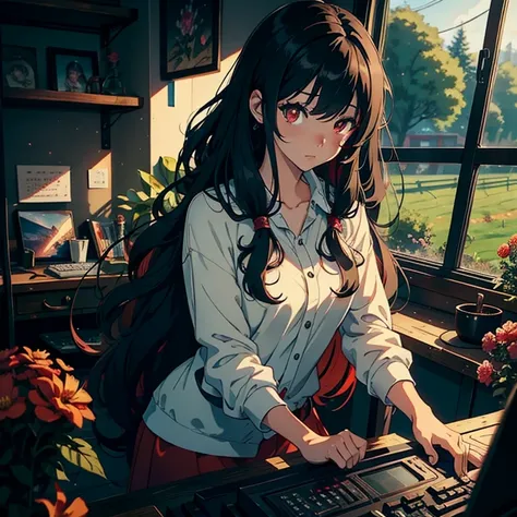 ((Masterpiece, Best Quality)),
Anime-style depiction of a tireless gamer girl with long, curly black hair and vivid red eyes. Her online farmer character is illustrated in harmony, featuring a split background of her dimly lit, cluttered gamer room and a p...