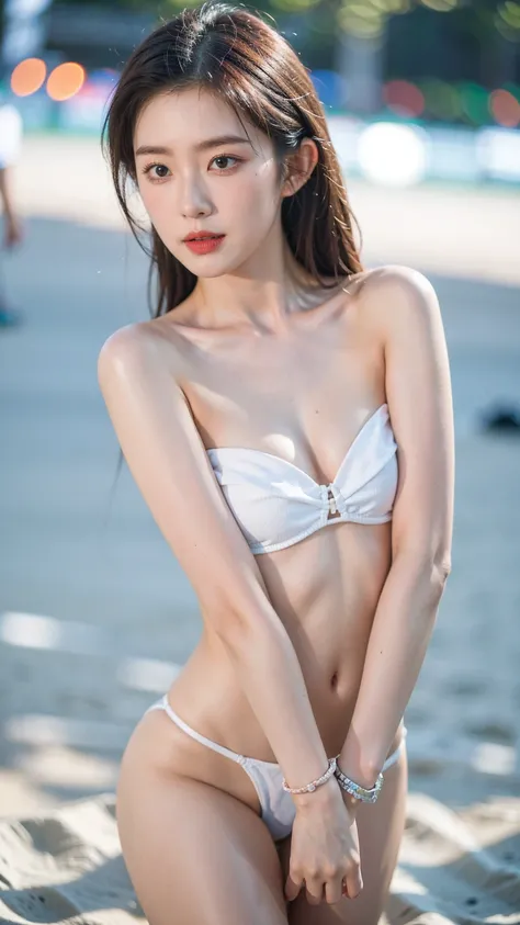 ((1girl)), in topless bikini, instant camera flash, pose at Summer festival, makeup with glossy lip, small breasts, bracelet, (girl in beach concert:1.4), various angle, ((face focus)), 22 years old, Beautiful Japanese Girl, standing pose, (nsfw:1.4), real...