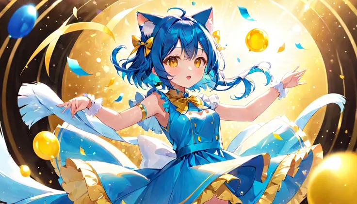 (1girl)、Cat ear、blue hair、golden eyes、Girl playing pop songs、Warm-colored dress、Fluttery clothing、Spin around