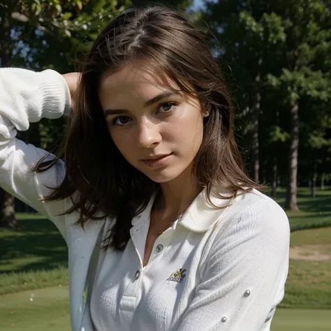 Jeune femme brune de 25 ans jouant au golf