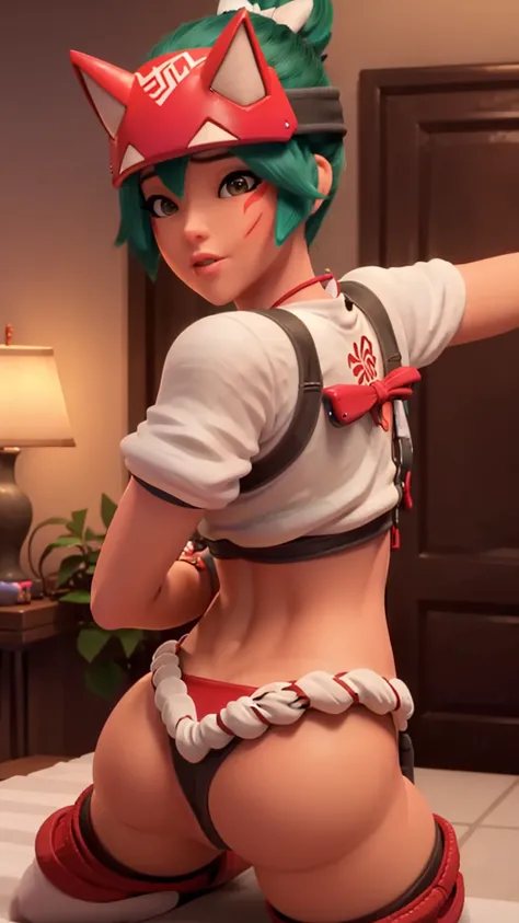 naked, topless, (owkiriko), kiriko (overwatch), green hair:0.7, red fox helmet, red sneakers, sexy pose, blushing, looking at viewer, slutty bikini, string bikini, microbikini nsfw, , ass, sexy, realistic, realism, photorealism, photo-realistic, high contr...