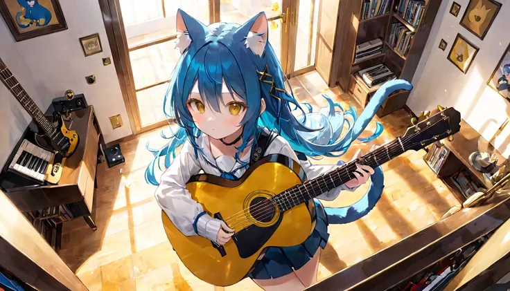 (1girl)、music room、Girl Playing Guitar、blue hair、golden eyes、Cat ear、Clear eyes、Depicted from a top-down perspective