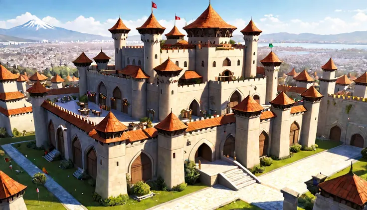 An anthill in the shape of an Ottoman castle、The roof is decorated with arches and flags.