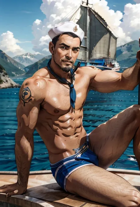 Very attractive sailor in his 40s, con musculos, tatuaje de ancla y sirena, fuma de una pipa, en la popa de un barco mira hacia la costa mientras se aleja el barco, con ojos melancolicos, con la camisa azul abierta con mucho vello en el pecho, bigote largo...