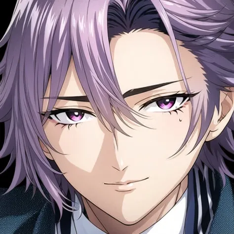 (masterpiece, best quality:1.2), 1 boy, alone, male focus, Purple-gray hair（Hair parted in the middle，The ends of the hair are slightly upturned），Tear mole at the corner of the left eye，confidence