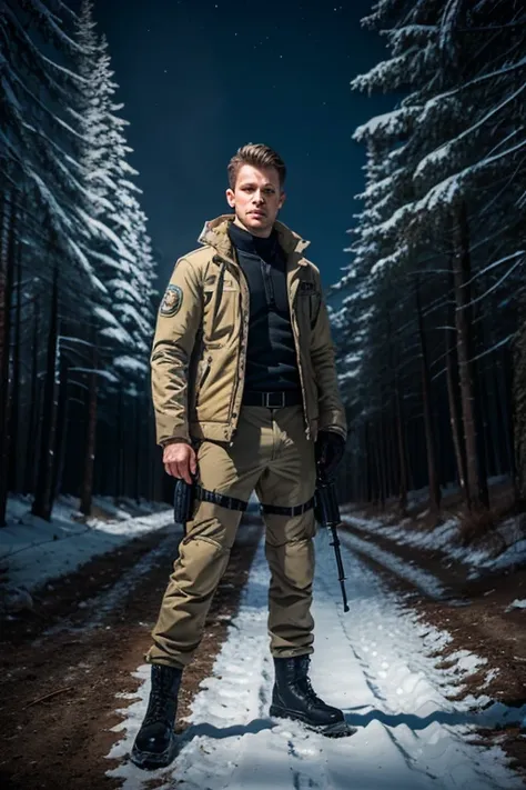 photorealism, Full length portrait, costs, A man with blue eyes and dark brown hair, short hairstyle, in white special forces uniform, winter camouflage, suit with jacket and trousers and combat boots, with a sniper rifle in his hands, Travis Fimmel, Jorda...