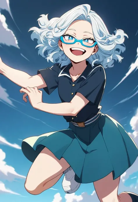 Anime, teenager, appears to be 16 years old, full body, short shoulder-length hair, layered hair, wavy hair, white hair, sky blue locks, sky blue eyes, light skin, clear glasses. personality; charismatic, empathetic, happy, serious, mysterious, strange, in...