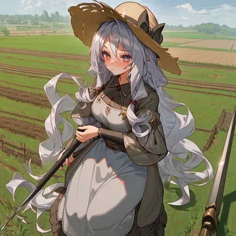 1 girl mmorpg game character,(silvery curly long hair)(beautiful hair),(farmer outfit), tsundere, pout, shiny skin, best quality, masterpiece, (anime style), farmhouse, farmland, with a large sickle equipment on her hand, with large farmer hat.