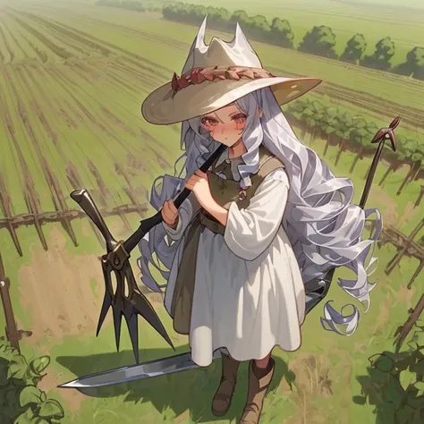 1 girl mmorpg game character,(silvery curly long hair)(beautiful hair),(farmer outfit), tsundere, pout, shiny skin, best quality, masterpiece, (anime style), farmhouse, farmland, with a large sickle equipment on her hand, with large farmer hat.