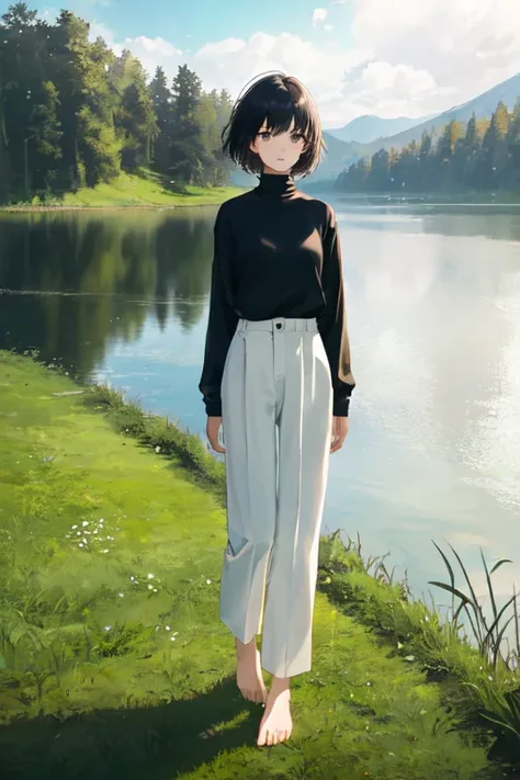 1girl, mature female, short hair, messy hair, black hair, shirt, [black shirt::7], turtleneck, long sleeve, long pants, [white pants::5], bare feet, standing, grass, lake, nature, masterpiece, best quality, very aesthetic, absurdres