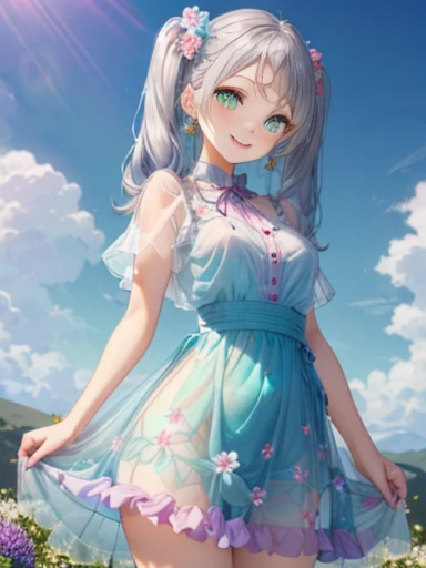 小さなgirl、thick thighs、The arrival of spring、big ass、 (alone:1.5,)Super detailed,bright colors, very beautiful detailed anime face and eyes, look straight, shiny_skin,girl, ((gradation hair、long silver hair,The inner color is red ））、forehead is exposed.、gree...