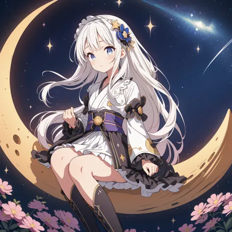 Star Fairy、(masterpiece, best quality), 1girl, sitting on the crescent moon、「A beautifully printed galaxy patterned kimono and gothic lolita outfit.、Space pattern box pleated mini skirt with ruffles、Front view portrait、Knee-high boots、enchanting eyes、Perfe...