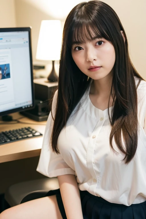 highest quality, 16k, girl, 16 years old, Raw photo, professional photography, portrait, late night office,dark lighting、 Weak contrast、professional lighting, alone, sitting in front of the computer、笑face, close,  face, close, cute, girly, goddess, 繊細なgirl...