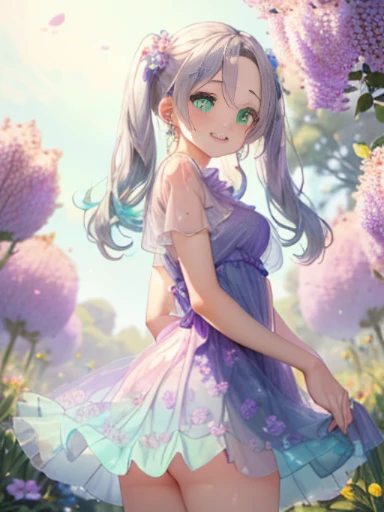 小さなgirl、thick thighs、The arrival of spring、big ass、 (alone:1.5,)Super detailed,bright colors, very beautiful detailed anime face and eyes, look straight, shiny_skin,girl, ((gradation hair、Hair that changes from silver to red））、forehead is exposed.、green ey...