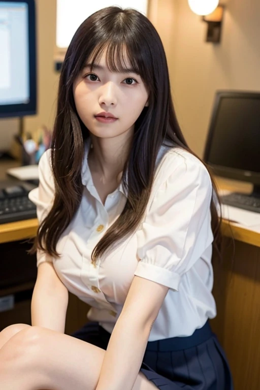 highest quality, 16k, girl, 28 years old, Raw photo, professional photography, portrait, late night office,dark lighting、 Weak contrast、professional lighting, alone, sitting in front of the computer、笑face, close,  face, close, cute, girly, goddess, 繊細なgirl...