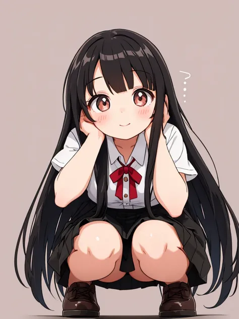 1 cute girl, Black hair, long hair, brown gradient eyes, Very short skirt, Squatting, pov shot from below,