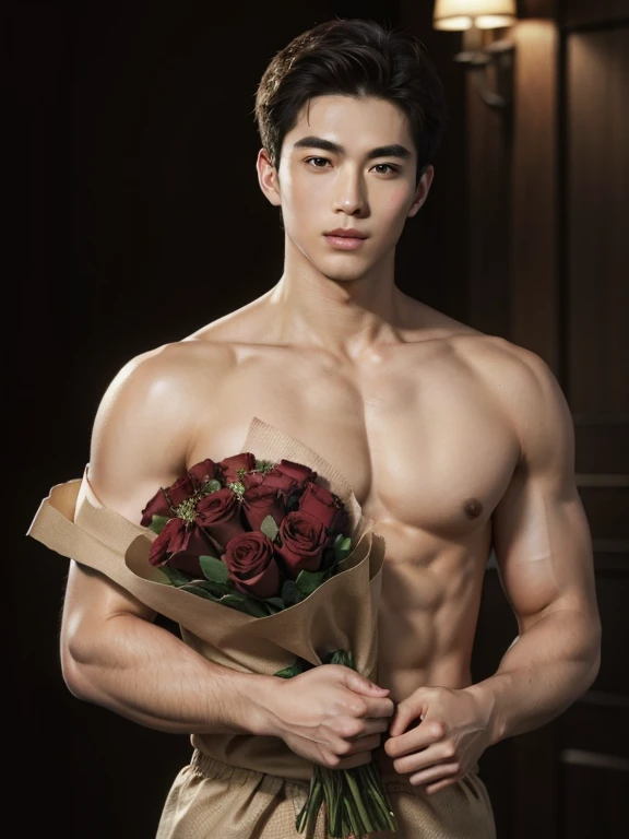 Naked man, holding a bouquet of roses, realistic handsome Japanese face , modest muscles , masterpiece、A high resolution、hyperrealism、detailed face、solo、a men、glowing skin、(Asian)、(young、teenager)、Handsome、detailed background、Handsome