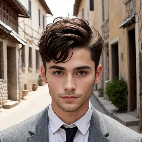   perfect  jew man, short hairstyles light hairin a Jewish village. focus on characters face