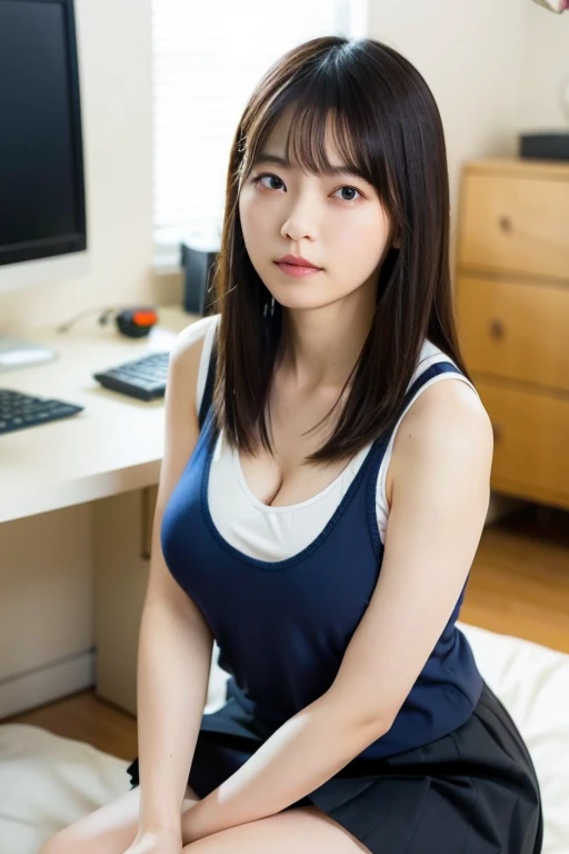 highest quality, 16k, girl, 48 years old, Raw photo, professional photography, portrait, late night office,dark lighting、 Weak contrast、professional lighting, alone, sitting in front of the computer、笑face, close,  face, close, cute, girly, goddess, 繊細なgirl...