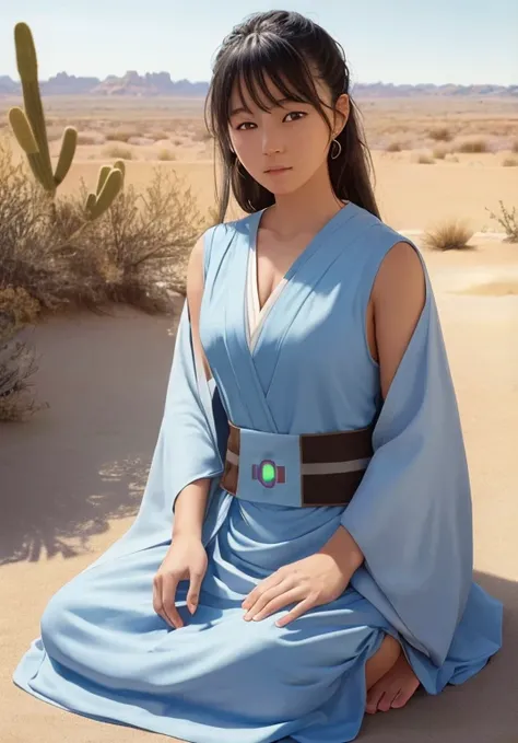 (jedi meditation:1.3), calm photos,1 girl, Jedi Master in deep meditation,  In Jedi costumes, sitting cross-legged,  (desert oasis:1.1), Surrounded by Blooming Desert Flowers, be in harmony with the force, spiritual retreat, transcendental tranquility, des...