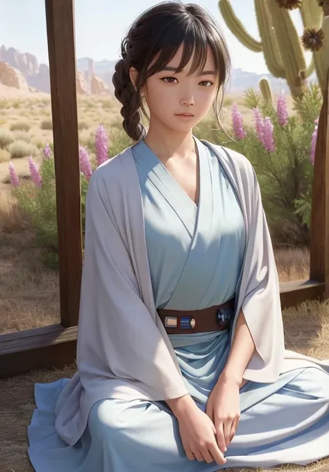 (jedi meditation:1.3), calm photos,1 girl, Jedi Master in deep meditation,  In Jedi costumes, sitting cross-legged,  (desert oasis:1.1), Surrounded by Blooming Desert Flowers, be in harmony with the force, spiritual retreat, transcendental tranquility, des...