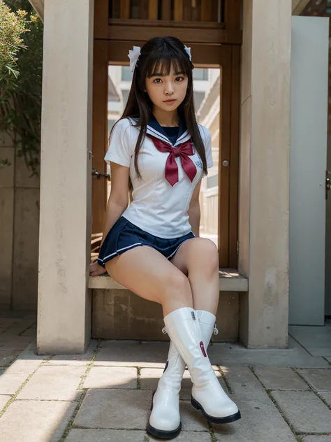 Girl taking pictures in uniform, captured on canon eos r 6, Magic Uniform University Background. The girl wears a white uniform with a design like Sailor Moon,Wearing long white rubber boots、 Emphasize the classic style. Images are of the highest quality (...