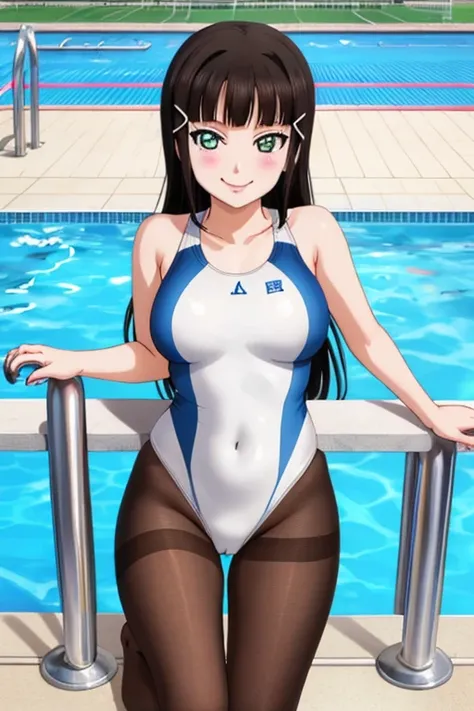 pixel-perfect, best quality, ultra-detailed masterpiece, dia kurosawa, one-piece swimsuit, pantyhose, pool, open legs, smile