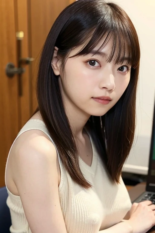 highest quality, 16k, girl, 48 years old, Raw photo, professional photography, portrait, late night office,dark lighting、 Weak contrast、professional lighting, alone, sitting in front of the computer、笑face, close,  face, close, cute, girly, goddess, 繊細なgirl...