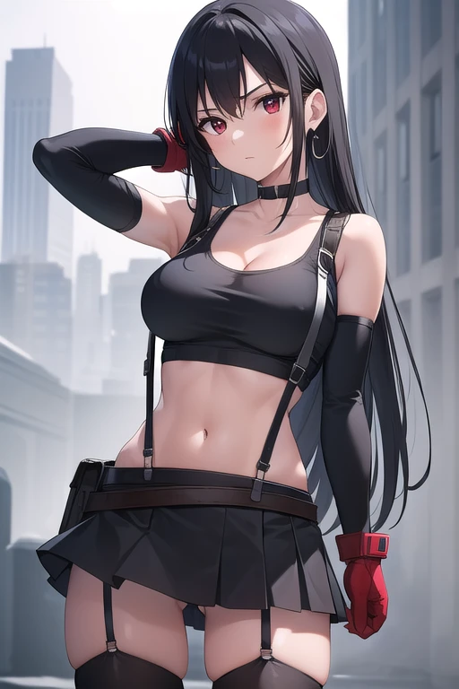 masterpiece, best quality, ultra-detailed,illustration, (1 girl), 20 years old, breasts, long hair, crop top, skirt, solo, thighhighs, tifa lockhart, navel, gloves, suspenders, large breasts, cleavage, red eyes, looking at viewer, earrings, jewelry, midrif...