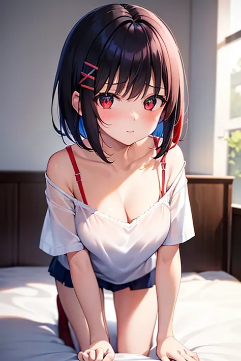 NFSW、masterpiece、Highest image quality、ultra high resolution、Medium-sized elementary school girl、red and large eyes,、black short hair、The inside of the hair has blue coloring.、(Two red hairpins)、red face、shyly、excited、Get on all fours in bed、show your butt...