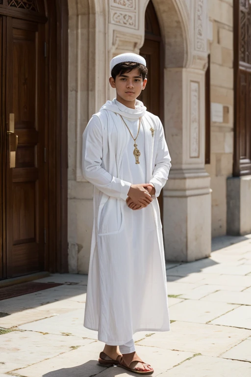 ((best quality:1.2)), ((masterpiece)), (detailed:1.2), young boy, 17 year old, wear white loosely muslim dress, in front of mosque, real skin texture, 