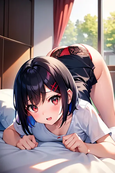 NFSW、masterpiece、Highest image quality、ultra high resolution、Medium-sized elementary school girl、red and large eyes,、black short hair、The inside of the hair has blue coloring.、(Two red hairpins)、red face、shyly、excited、Get on all fours in bed、show your butt...