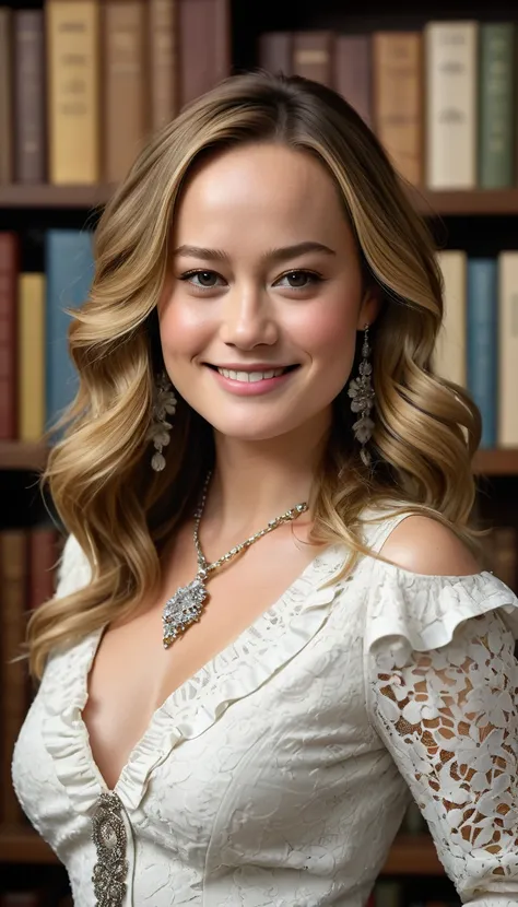 (((beautiful gorgeous Brie Larson, posing for photos, looking sexy, showing off her smile, ruffled lips, long flowing hair, extremely pretty eyes))), ((wearing floral silver necklace)), realistic photograph, highly detailed, sharp focus, (key lighting), (i...