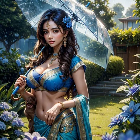 Perfect face, cute girl, brunette, big breasts, brown skin, blue half saree, holding umbrella, garden, blue flowers, raining, many small puppies 