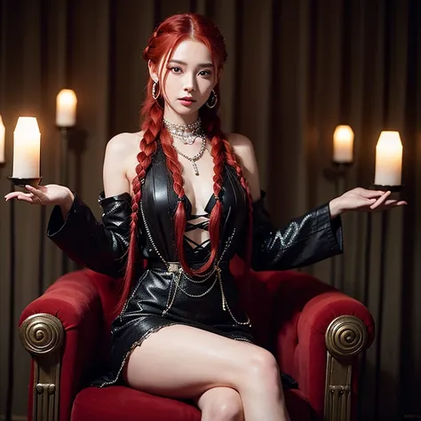 woman with red hair, braided into plaits, sits on a throne made of rods, dark-red roses, dressed in black, with a red diamond-shaped crystal on a silver chain around her neck, holding a skull in her hands.
