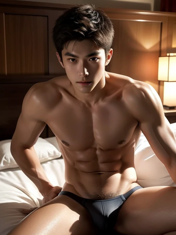 Naked man, Sitting on a bed , only underwear , realistic handsome Japanese face , modest muscles , masterpiece、A high resolution、hyperrealism、detailed face、solo、a men、glowing skin、(Asian)、(young、teenager)、Handsome、detailed background、Handsome