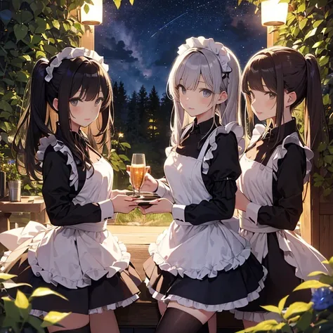 A group of maids, (in forest), various hair styles, harem, wearing maid uniform, night, details face, , short skirt, seducing, sleeveless , night, starry night 