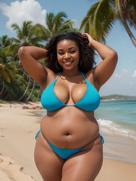 Plus size model, big cleavage,  bloated belly, African woman, blue bikini, beach, cheerful