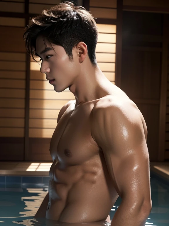 Naked man , whole body, Waist-length image、profile、hot spring、realistic handsome Japanese face , modest muscles , masterpiece、A high resolution、hyperrealism、detailed face、solo、a men、glowing skin、(Asian)、(young、teenager)、Handsome、detailed background、Handsom...