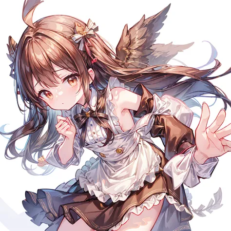 ((masterpiece)), ((best quality)), ((ultra detailed)), cute girl, brown long hair, beautiful brown eyes, maid costume, ribbons, ...