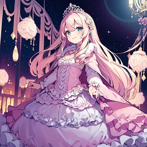 (kawaii),(best quality),(ultra detailed),(rococo style),(long train pastel pink cape:1.15), very long cape,(long train white ball gown with flower decorations:1.1), a girl is wearing a cape over her gown,(she has a western style fan:1.05), 1 little princes...