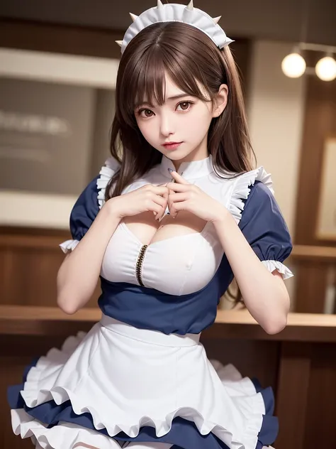 ((16 Nights Sakiya)), ((desire to project)), cosplay, 20 year old female, (((brown hair)), ((medium spiky hair)), ((Blue Maid Outfit)), big breasts,((white blouse)), middle of chest, (light)))), (stop temporarily))), (realistic pictures: 1.3), rim lighting...