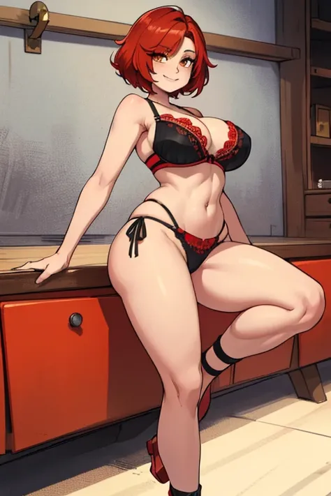 female, red short hair with yellow highlights, orange eyes, (((1girl))), (((black bra with red trim))), (fiery red panties), cute and sexy, large breasts, large butt, full body, long legs, smiling