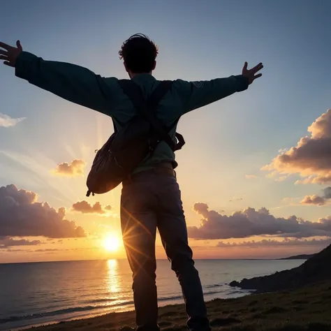 Una imagen de un paisaje sereno al amanecer, with birds flying and the sun rising on the horizon and alex&#39;s back, el protagonista (hombre).