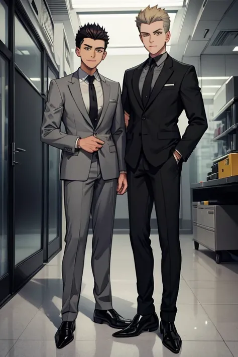 male, black spiky hair with yellow highlights, green eyes, (((1boy))), (((grey business suit jacket))), (black shirt), (brown pants), (black dress shoes), handsome, long legs, smiling