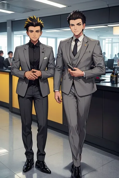 male, black spiky hair with yellow highlights, green eyes, (((1boy))), (((grey business suit jacket))), (black shirt), (brown pants), (black dress shoes), handsome, long legs, smiling