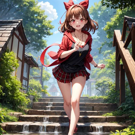 reddish-brown golden hair、red eyes、one good looking girl、solo、anime、plaid mini skirt、black camisole、black t-shirt、hoodie、wearing a ribbon、ribbon at waist、crystal earrings、Gemstone Necklace、Light and shadow、Tilting face、teeth are visible、pillar、evil looking...