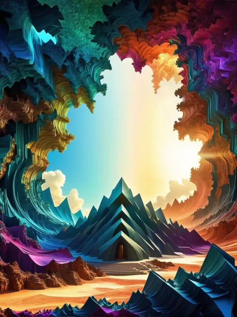 a massive, looming geometric form, highly stylized and abstract, large-scale surreal landscape, otherworldly architectural structure, intricate fractal patterns, dramatic lighting, vibrant colors, (best quality,8k,highres,masterpiece:1.2),ultra-detailed,HD...