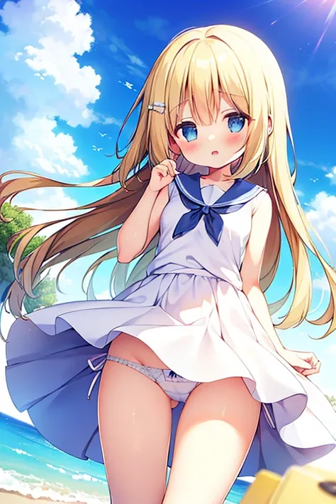 (masterpiece:1.2), highest quality, High resolution, original, highly detailed wallpaper, perfect lighting,(Very detailed CG:1.2), Trap is wearing a white sailor suit, alone, blonde hair and blue eyes, cute anime face, hold a gun, (panties:1.25), {the wind...