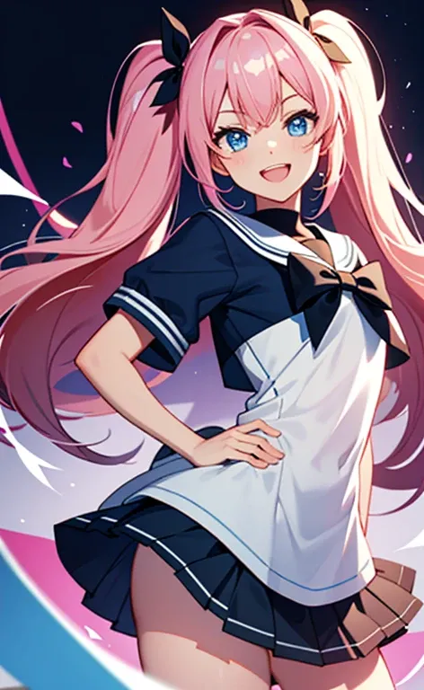 (​masterpiece、top-quality、8k size wallpaper、offcial art)、(portrait:1.3,upper body)、(1girl),Open mouth happy grin,cute face,blue eyes、twintails、
,(stand),
,(sexy body),(sailor uniform,skirt),(long fluorescence pink hair), (small breasts)、
、fluorescence、clas...